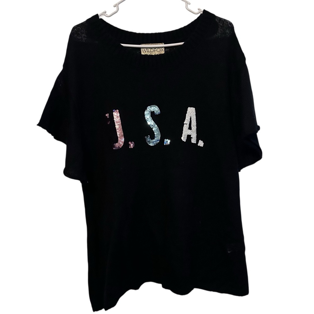 Wildfox USA Sequin Wool Blend Short Sleeve Black Sweater Shirt Small